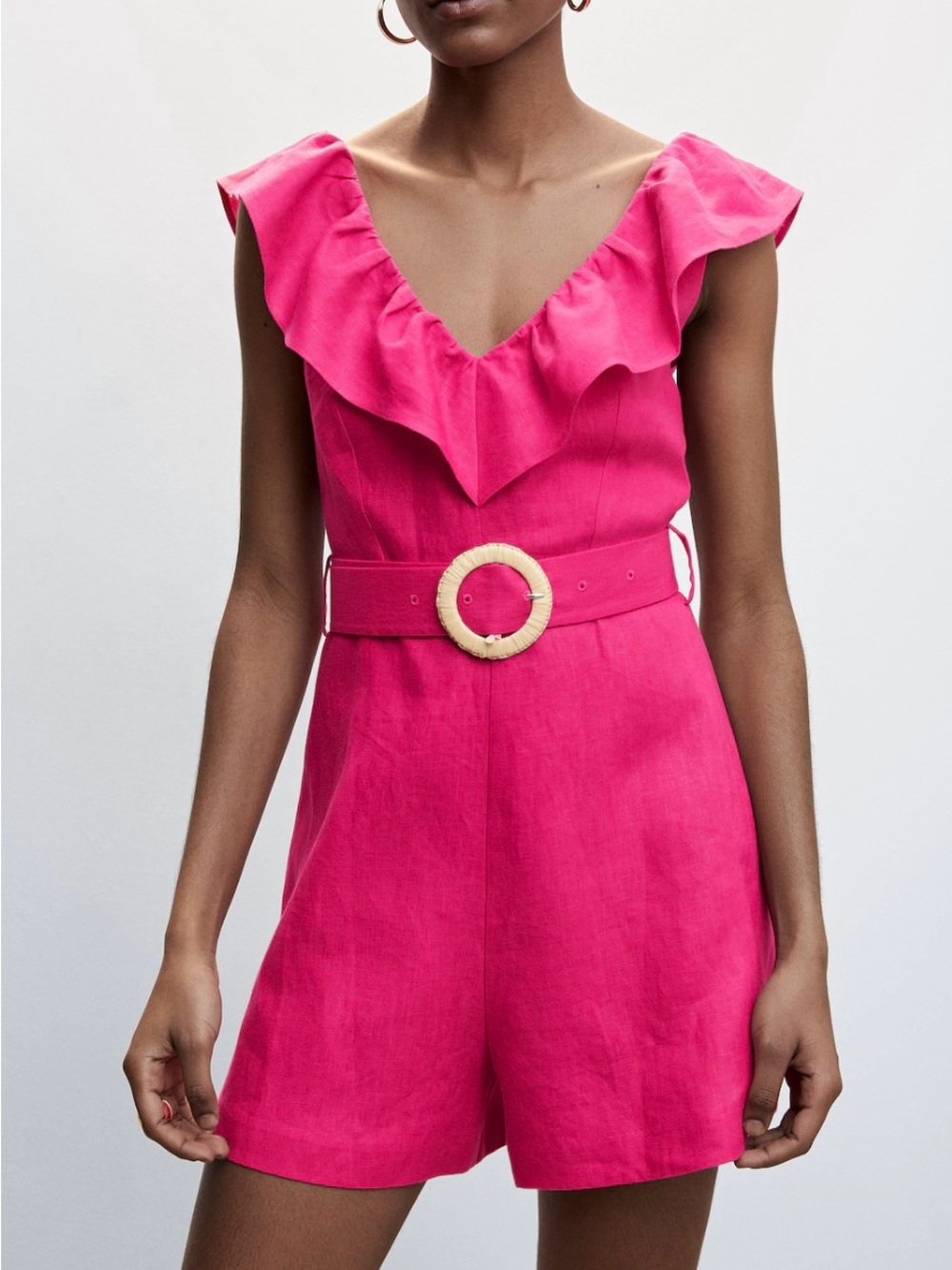 Mango Pink Linen Ruffle Short Romper with V Neckline and Belt Size XXS